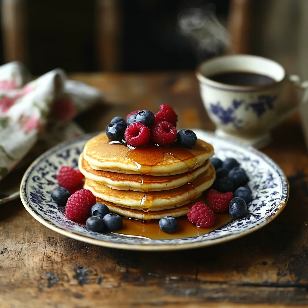 Stack of freshly cooked sourdough pancakes topped with fresh berries and a dollop of whipped cream