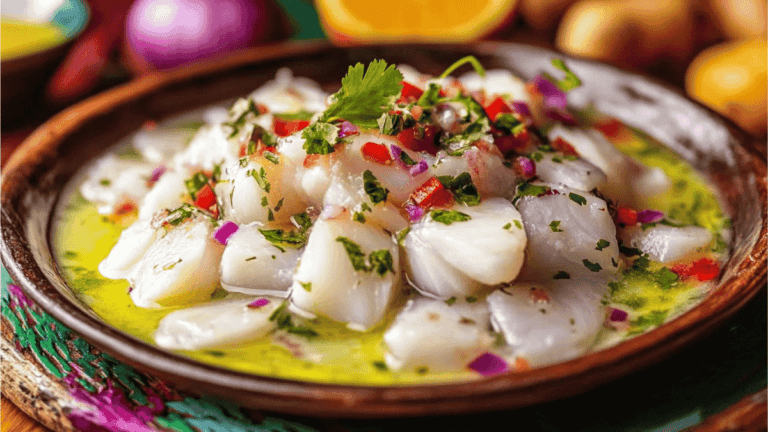 Tiger's Milk for ceviche, including lime juice, garlic, ginger, celery, and habanero pepper, being blended together in a kitchen blender