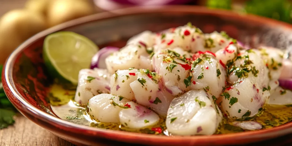 Fresh sea bass and red onion slices marinating in lime juice and habanero, capturing the fish 'cooking'