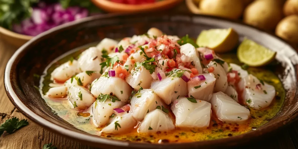 Fresh sea bass and red onion slices marinating in lime juice and habanero, capturing the fish