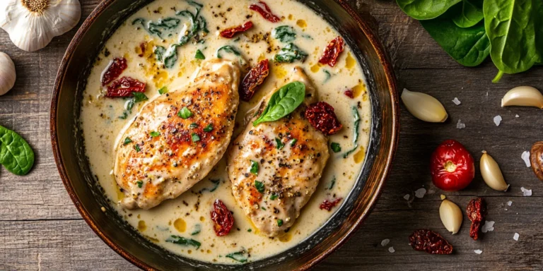 Creamy Tuscan chicken in a skillet with garlic parmesan sauce, topped with fresh spinach and sun-dried tomatoes, garnished with fresh herbs