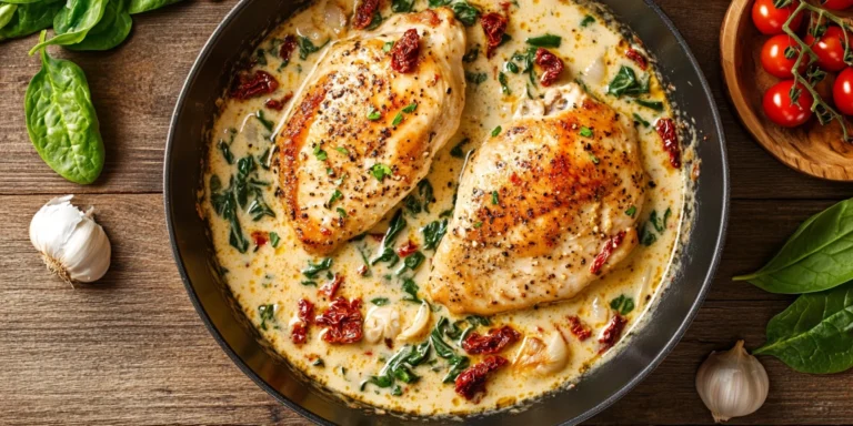 Seared chicken breasts in a rich, creamy sauce with garlic, spinach, and sun-dried tomatoes, served in a rustic skillet and garnished with fresh basil.