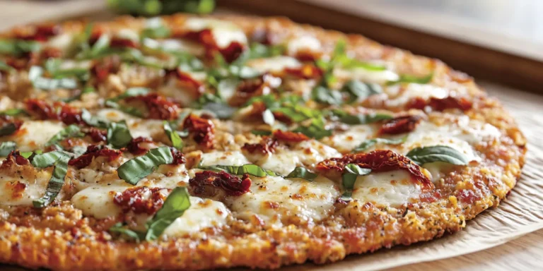 Golden-baked pizza with a crispy chicken crust, topped with gooey mozzarella, sun-dried tomatoes, and fresh basil for a flavorful finish.