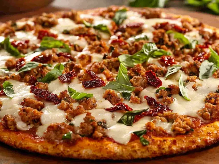 Thin-crust pizza topped with melted mozzarella cheese, seasoned ground chicken, sun-dried tomatoes, and fresh basil leaves