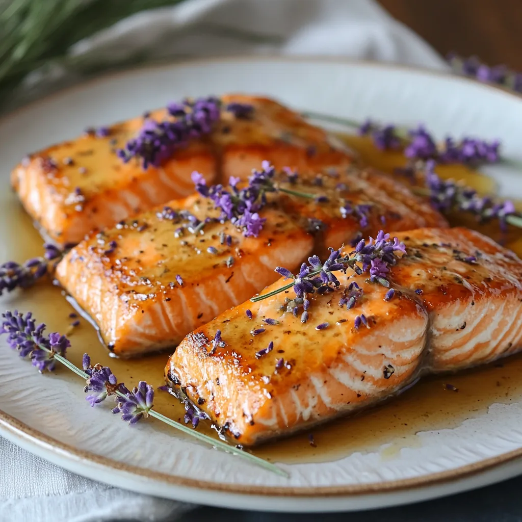 Seasoned salmon fillets brushed with lavender honey mixture on a parchment-lined baking sheet, ready for oven baking, highlighting the glossy marinade application