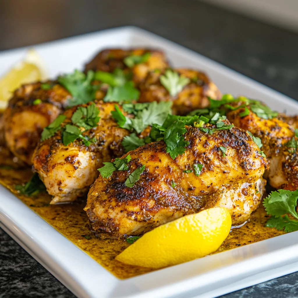 Searing marinated chicken breasts in a hot skillet, showing the chicken turning golden brown, capturing the cooking process with sizzling details