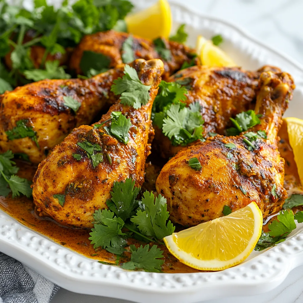 Moroccan Spiced Chicken garnished with fresh chopped cilantro and lemon wedges on a rustic white platter