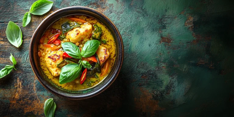 Aromatic Thai green curry with chicken, colorful vegetables, and a rich, creamy green curry sauce, garnished with fresh basil leaves