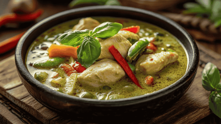 Bowl of Thai green curry with tender chicken pieces, fresh basil, and vibrant vegetables including red chilies, bell peppers, and snap peas in a creamy, green curry sauce