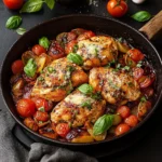 Ingredients including diced onions, minced garlic, and herbs being sautéed in a skillet, preparing the base for a creamy chicken sauce, emphasizing the aromatic cooking process