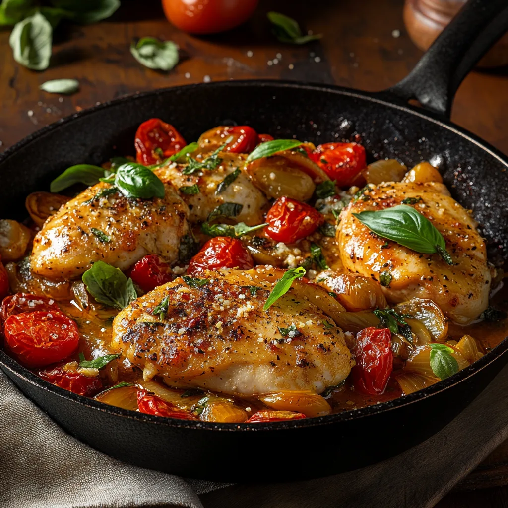 Golden-brown seared chicken breasts in a skillet, seasoned with salt and pepper, showcasing the initial cooking stage with olive oil sizzling around