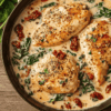 Tuscan chicken breasts in a creamy garlic sauce with spinach and sun-dried tomatoes, served in a rustic skillet