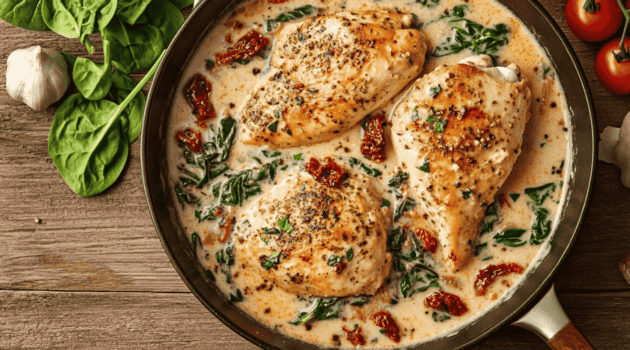 Tuscan chicken breasts in a creamy garlic sauce with spinach and sun-dried tomatoes, served in a rustic skillet